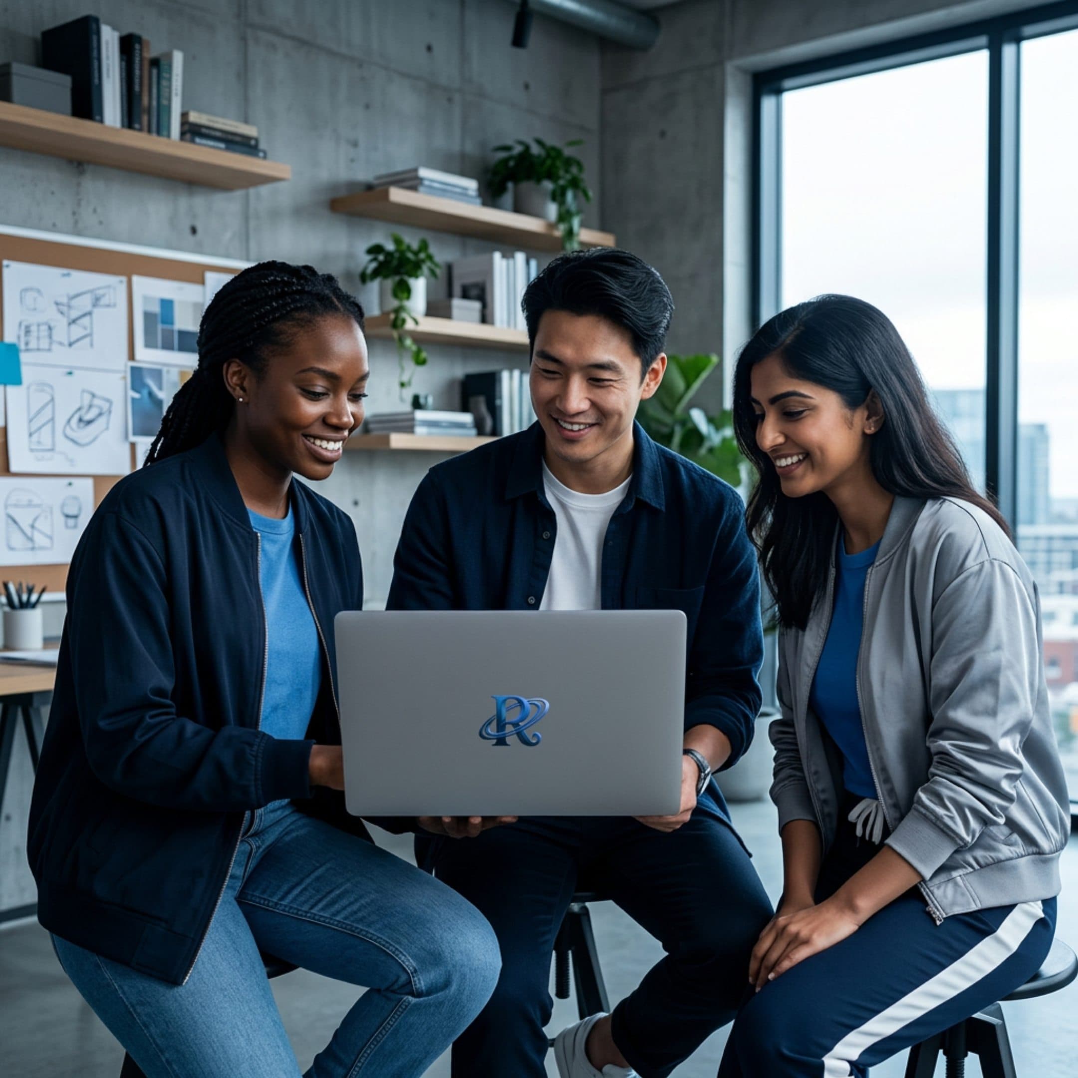 Three teammates smiling as they review a campaign together on a laptop