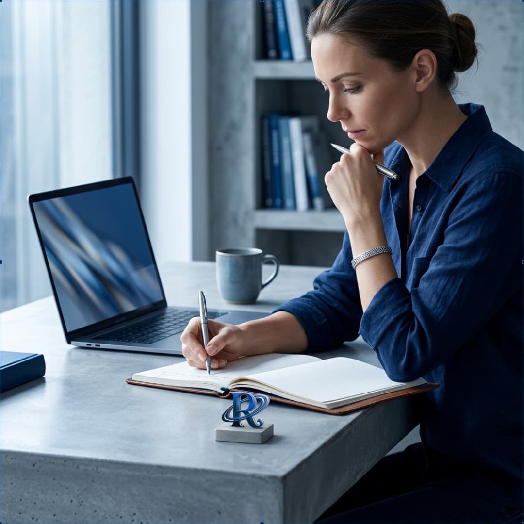A writer drafting in a notebook beside her laptop in morning light