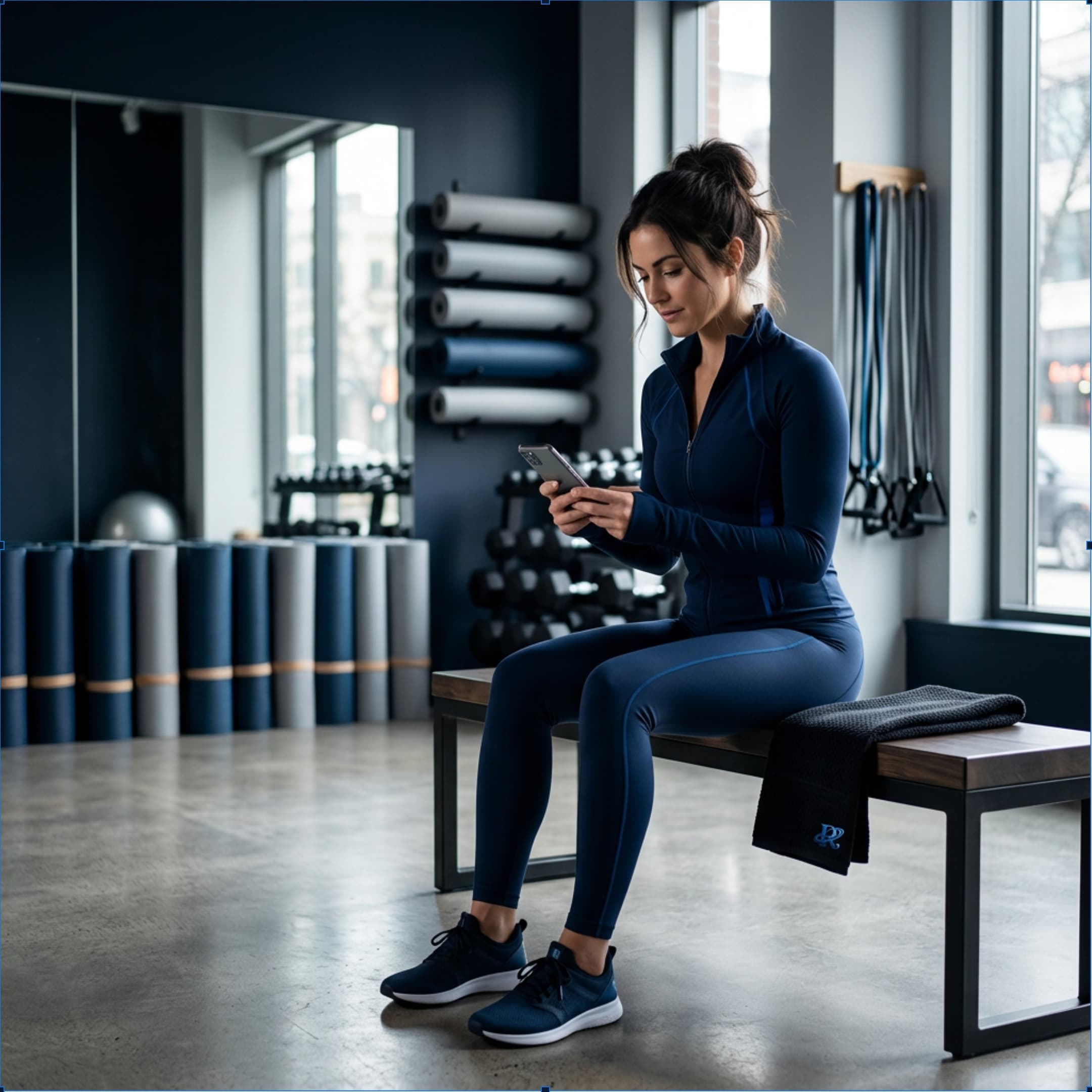 A fitness studio owner checking her phone in an empty studio between classes