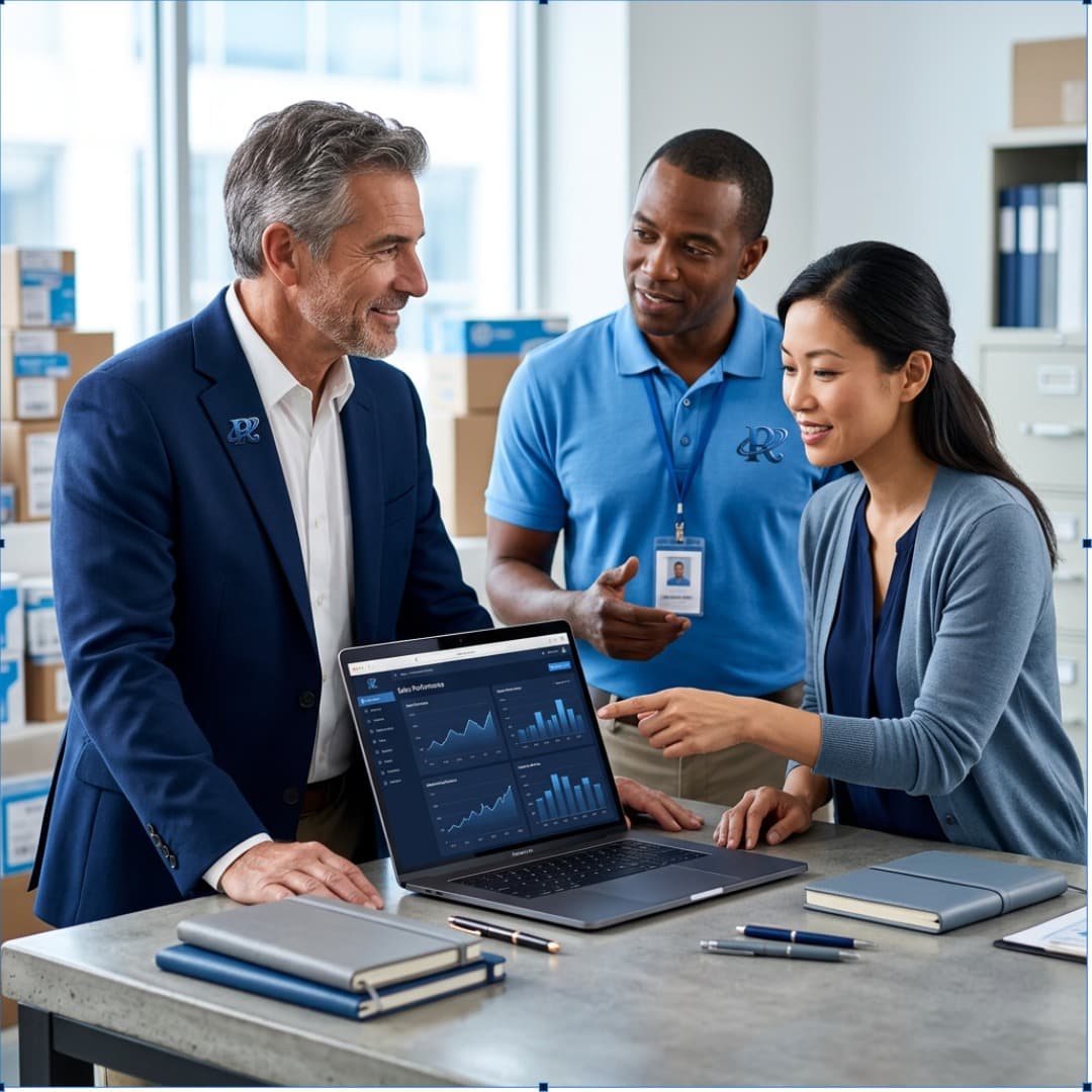 A franchise owner meeting two store managers in a bright back office