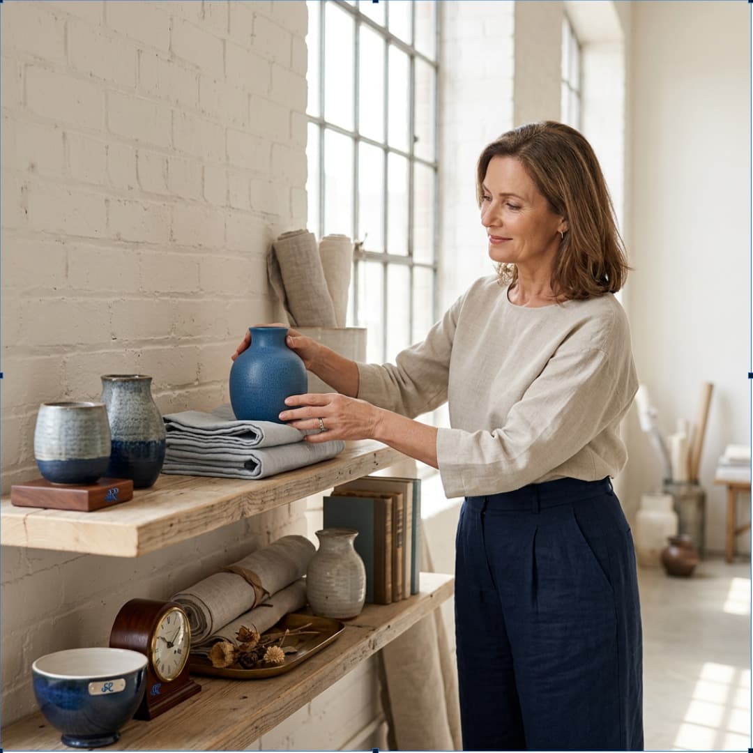 A home goods founder styling ceramic vases on a shelf for a photo shoot