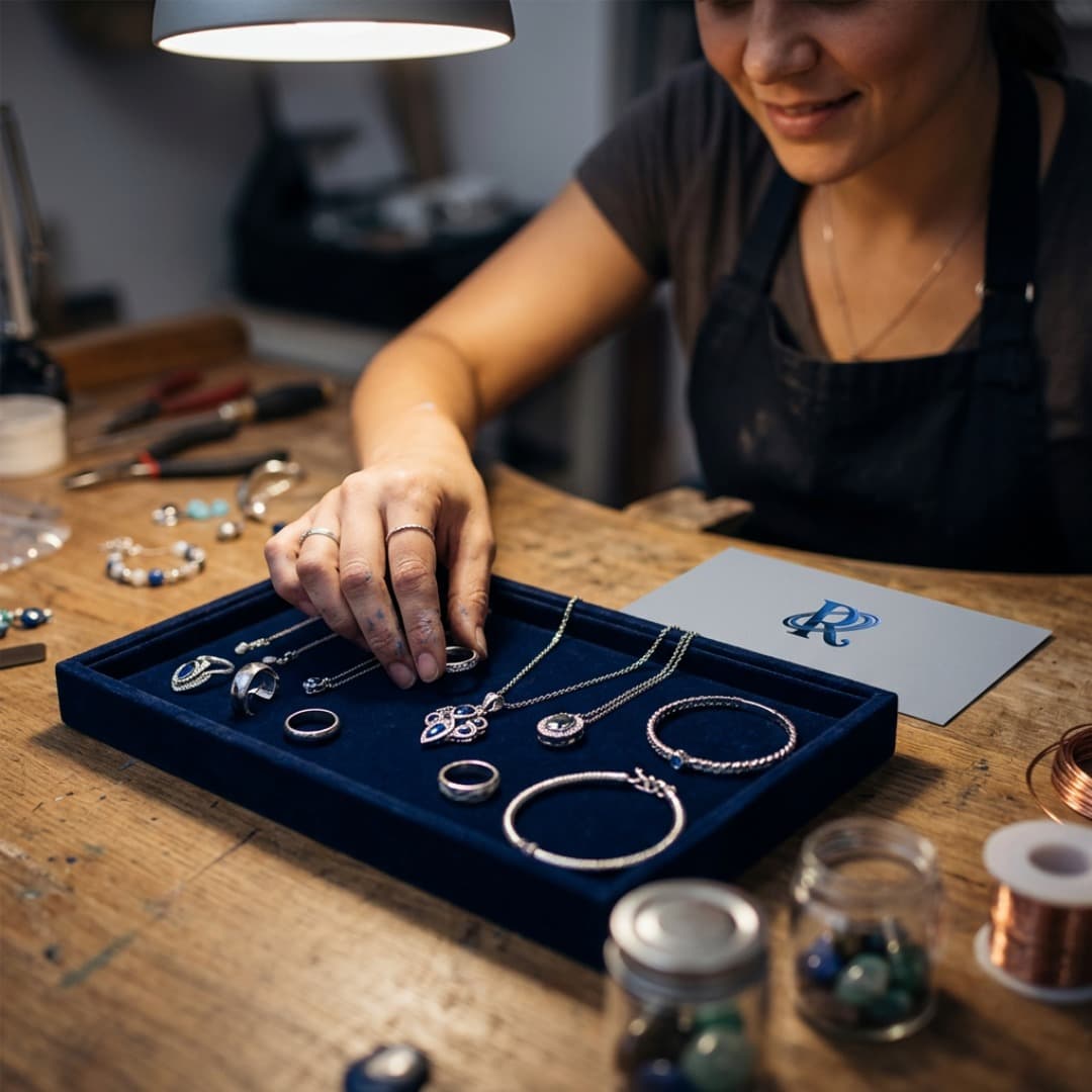 A jewelry maker arranging finished pieces on a velvet tray at her workbench
