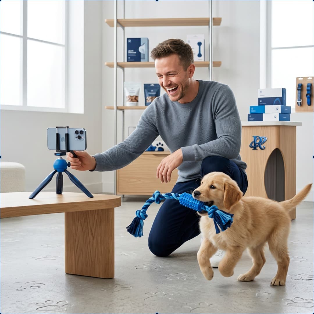 A pet brand founder filming a happy dog playing with a new toy