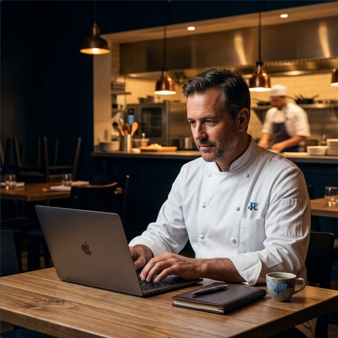 A restaurant owner at a corner table before service with the kitchen behind him