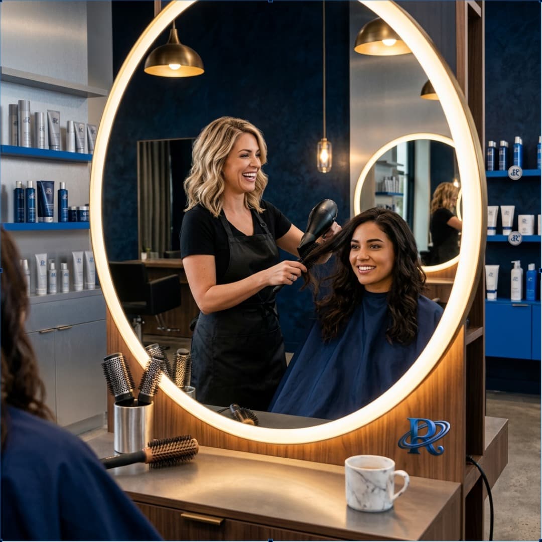 A salon owner styling a client's hair as they talk and smile