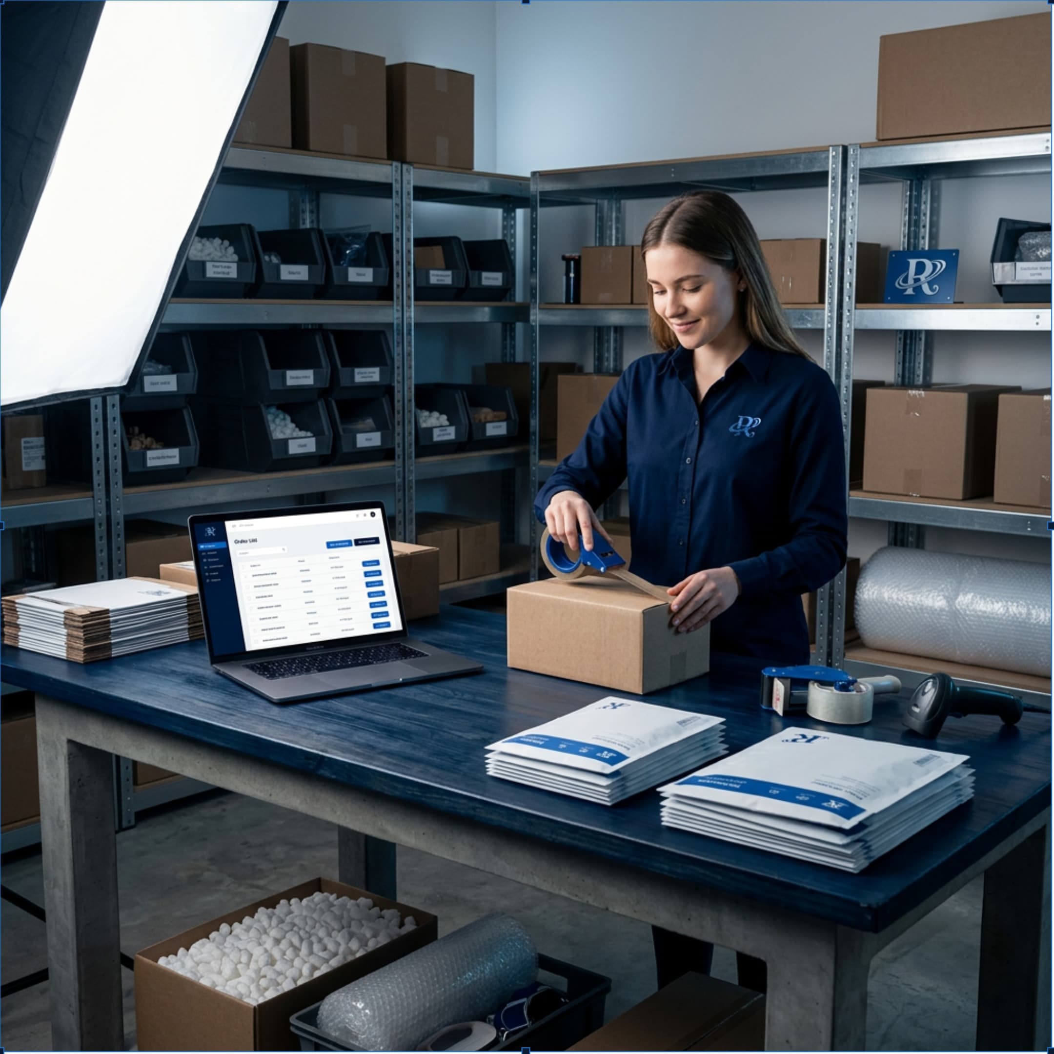 An online store founder packing orders with an order screen open on a laptop