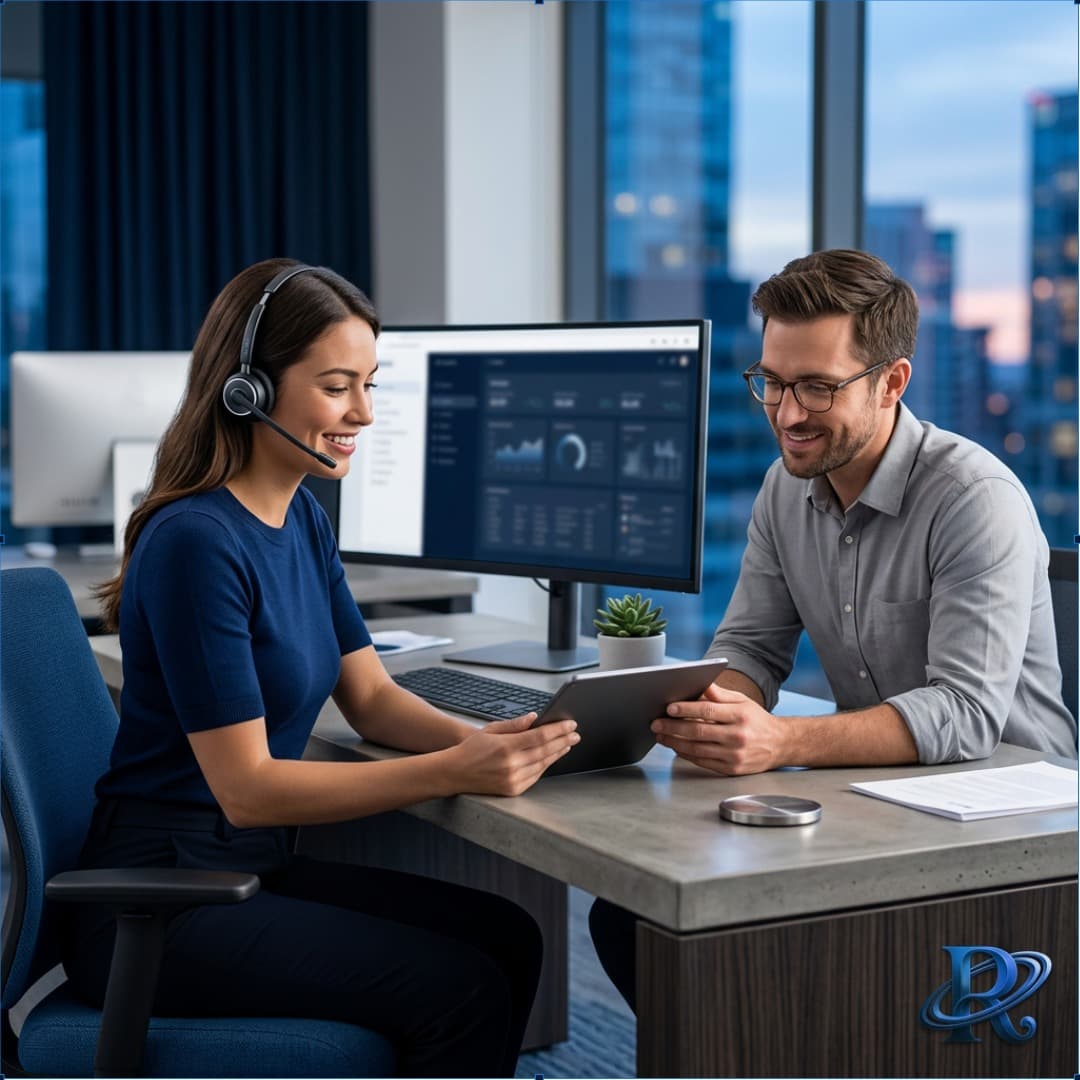 A support specialist wearing a headset helping a customer