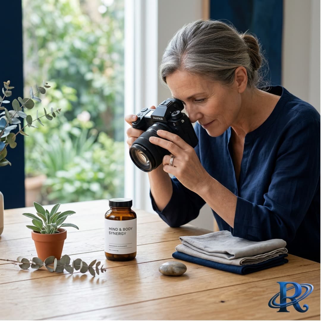 A wellness brand founder photographing a product bottle on a wooden table