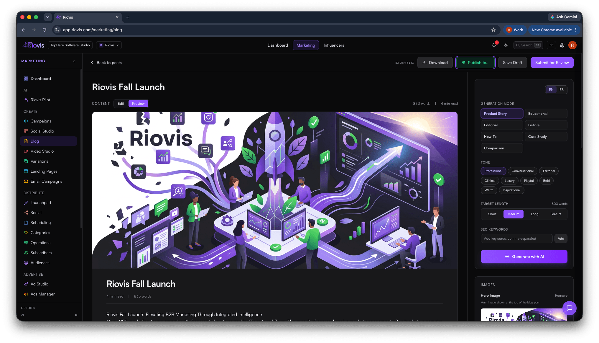 Riovis Blog Studio - AI-assisted blog post editor with generation modes, tone controls, and live preview