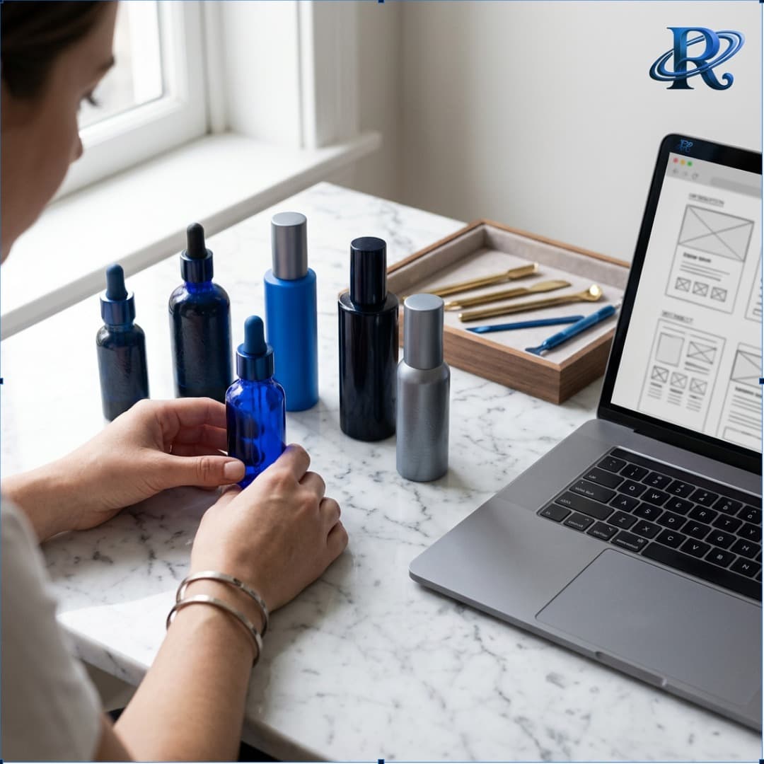 A beauty brand founder arranging skincare bottles for a product shoot