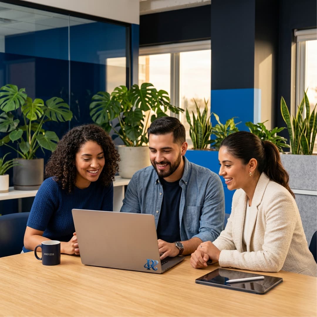 A marketing team of three reviewing a campaign together on a laptop