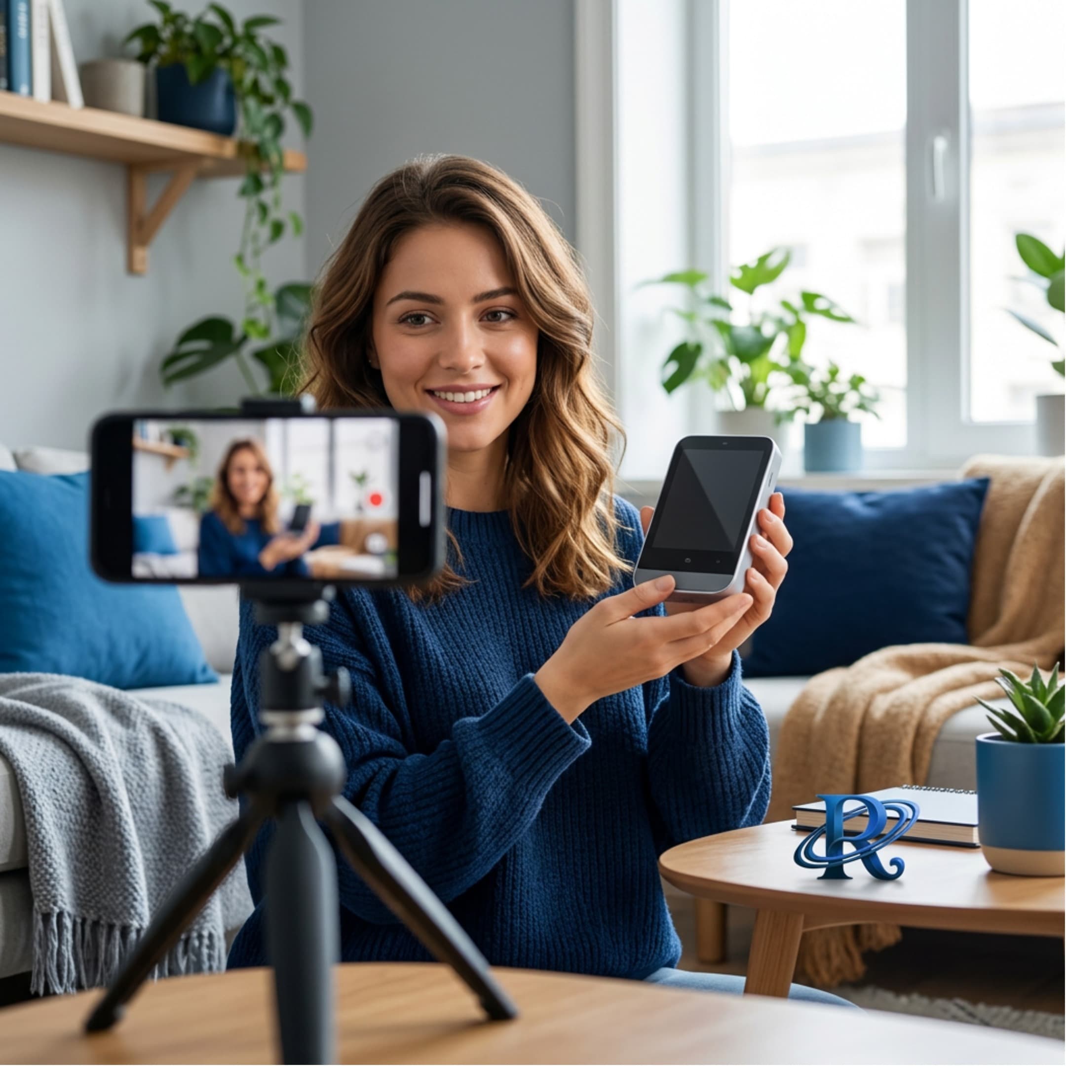 A creator presenting a product to her phone camera in a bright apartment