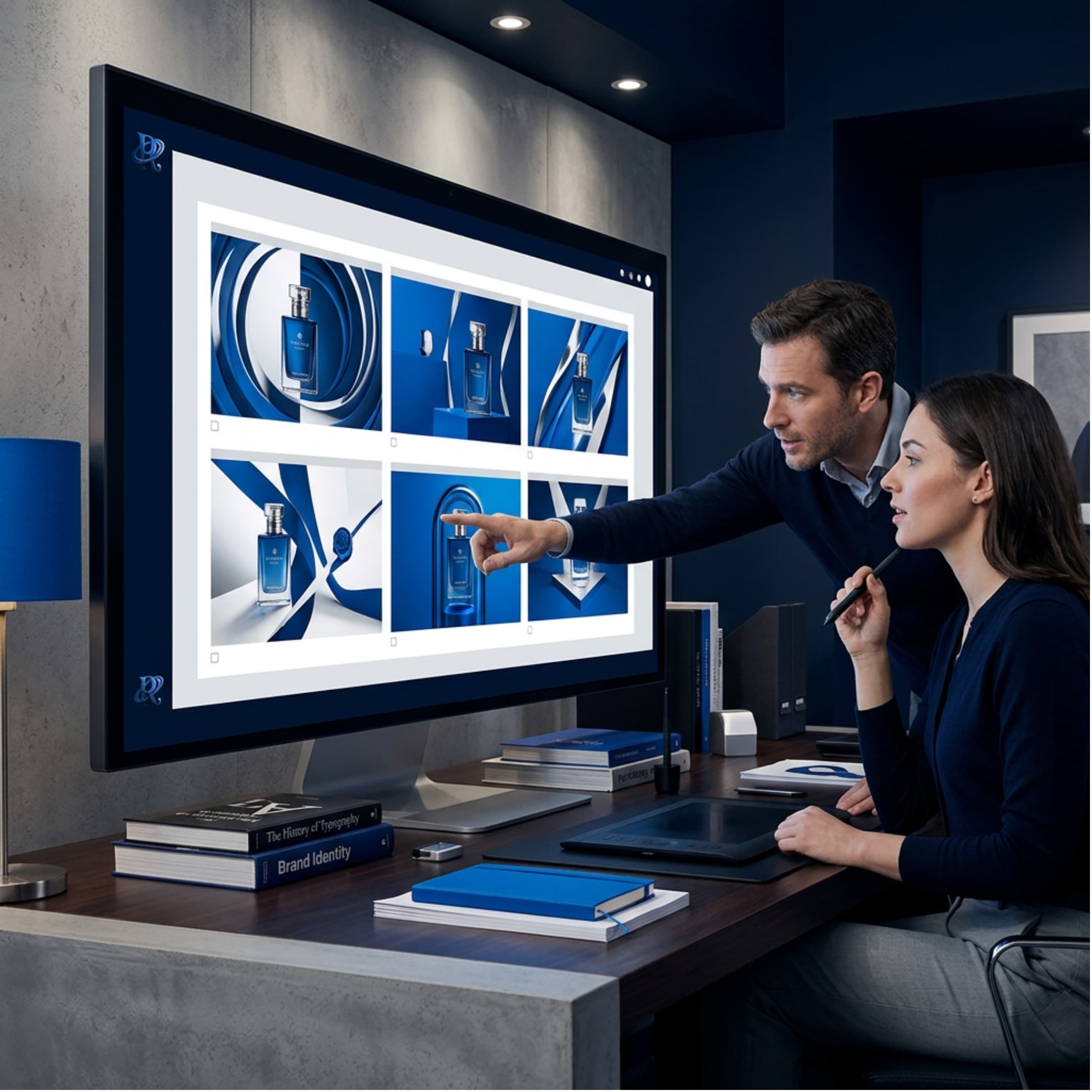 Two designers comparing campaign visuals on a large monitor