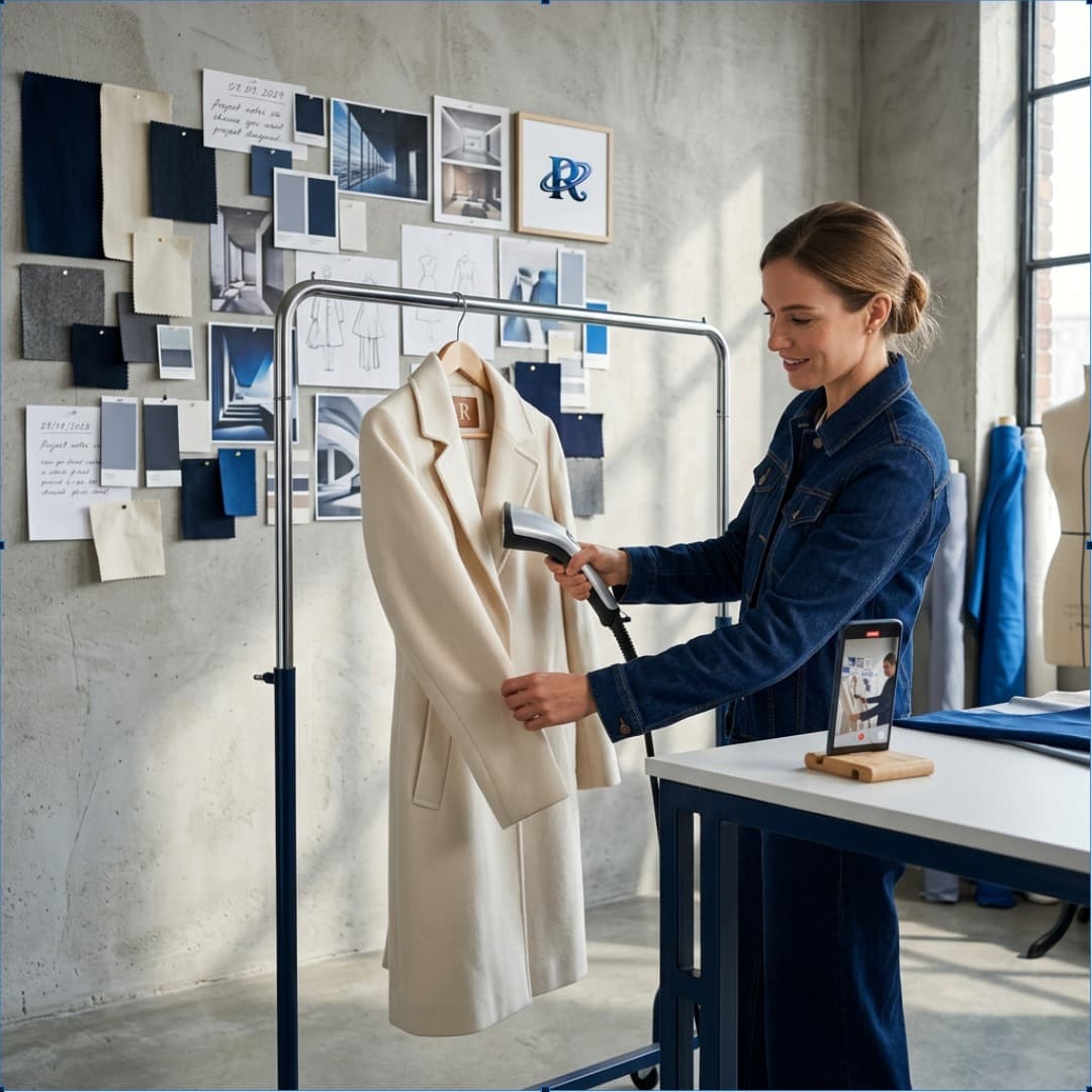 A fashion designer steaming a garment in a bright studio with a mood board behind her