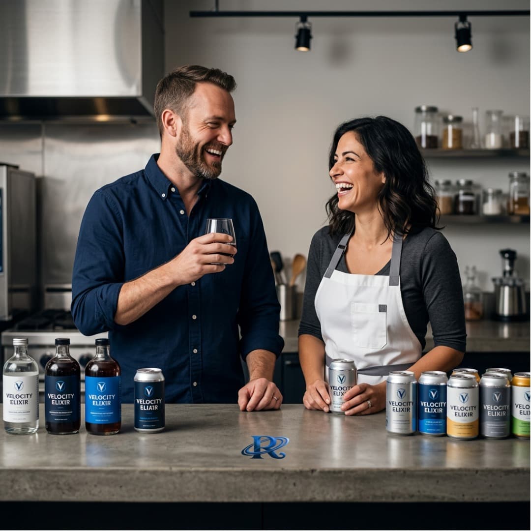 Two beverage brand co-founders laughing as they taste their product in a test kitchen