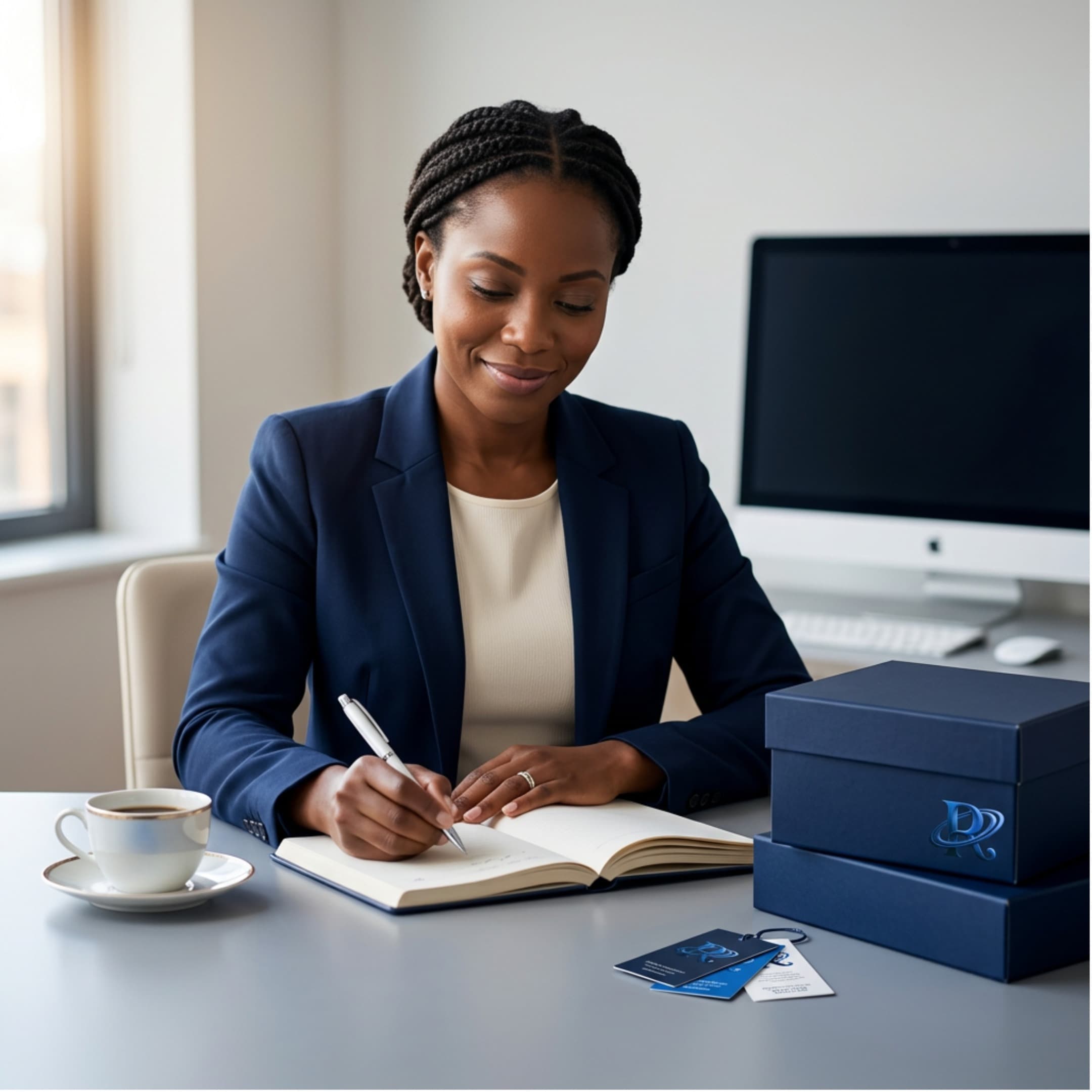 A business owner calmly planning upcoming content at a tidy desk
