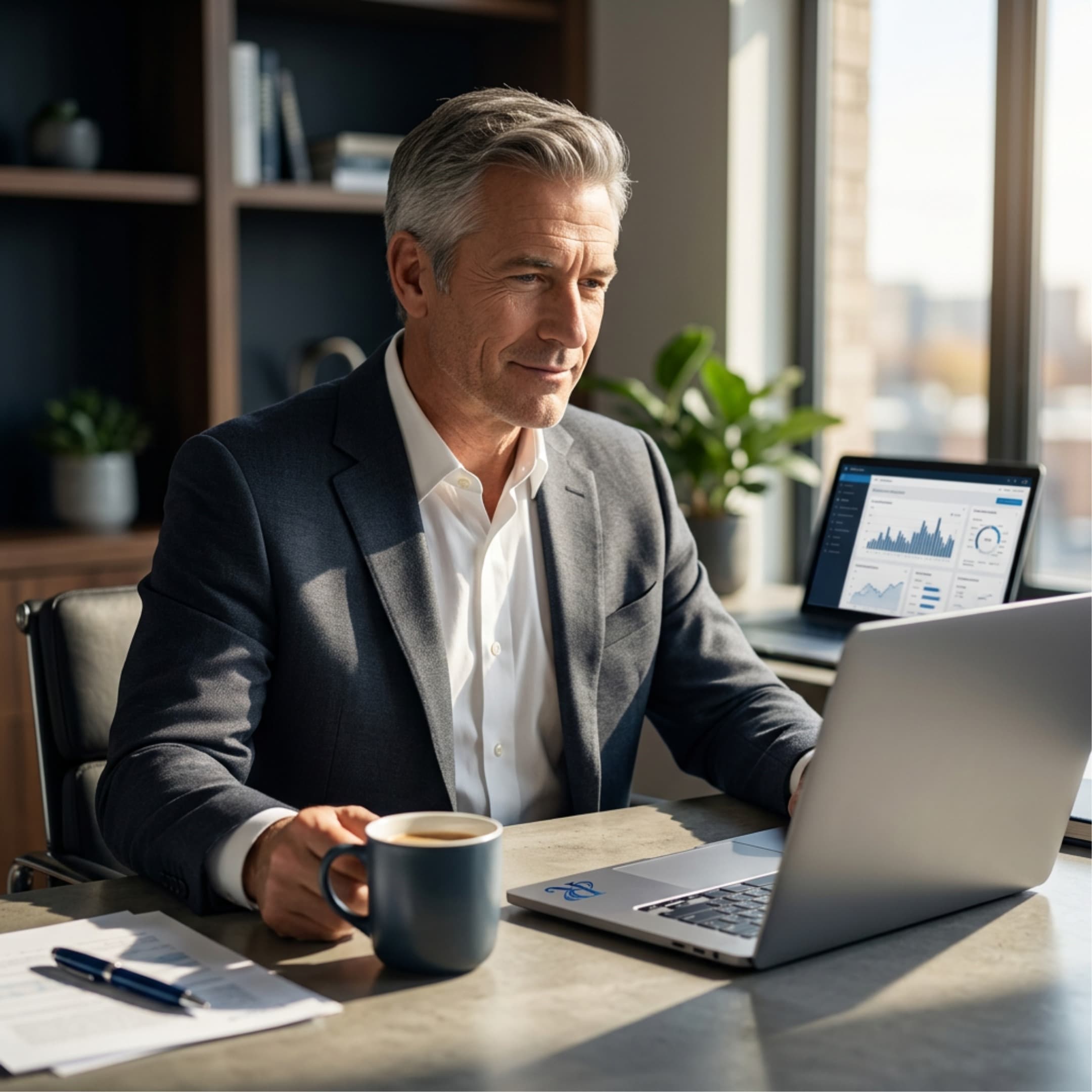 A business owner reviewing results on a laptop at a sunlit desk