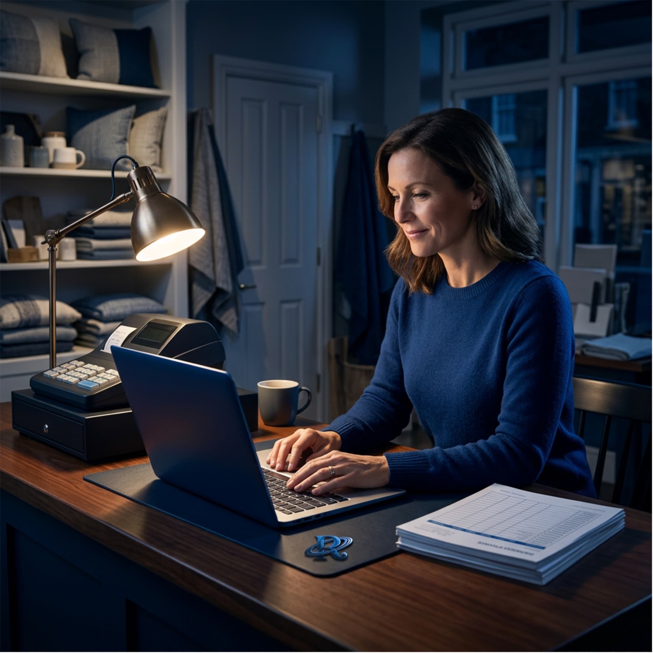 A shop owner with her laptop open beside the register after hours