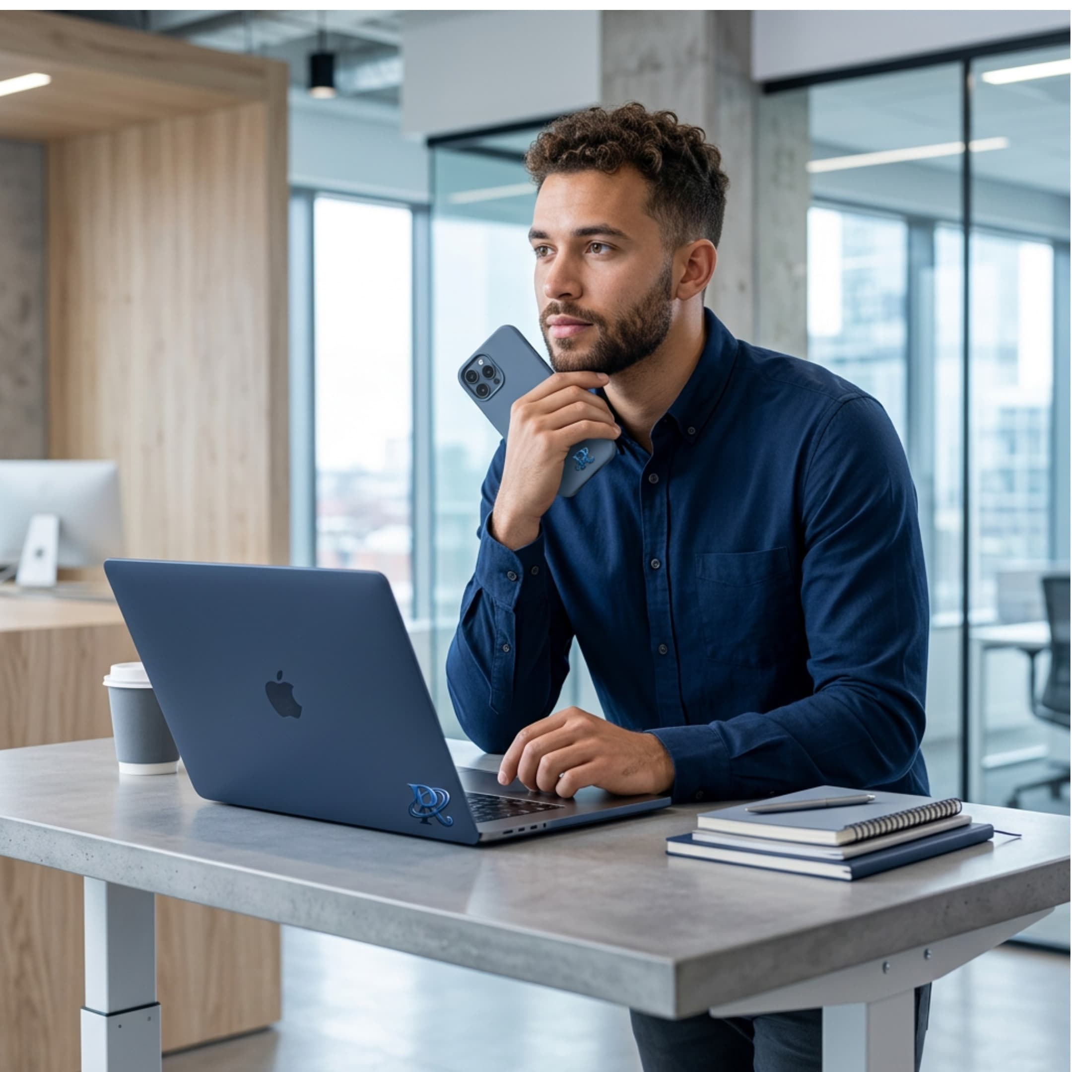 A social media manager at a standing desk with a phone and laptop