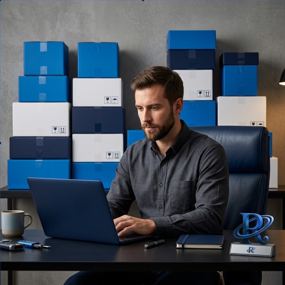 An online retailer at his home office desk with product boxes stacked behind him