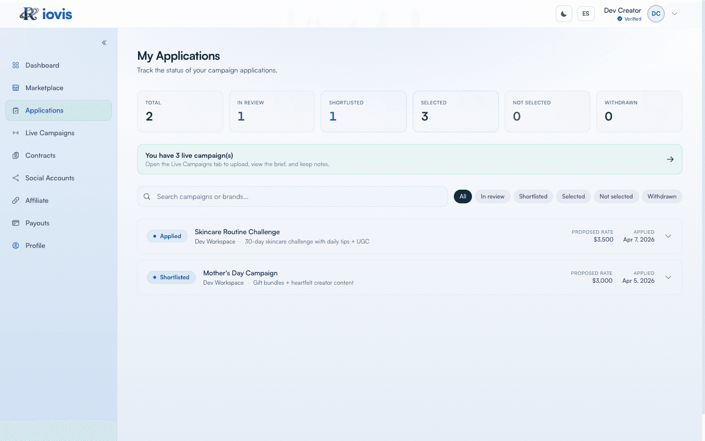 Application tracking in the creator portal