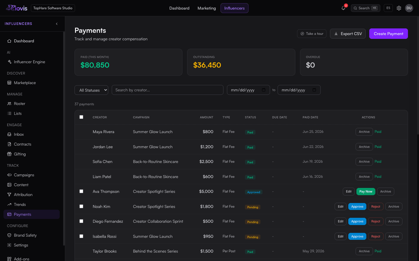 Influencers - Payment Management